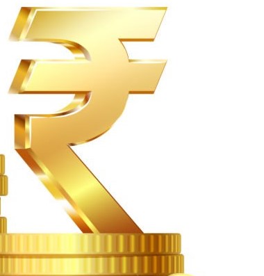 Stack of coins with Shiny golden Indian Rupee currency symbol. Vector illustration isolated on white background.